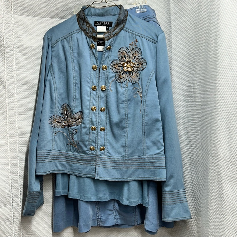 3 pc Light Blue Embroidered Jean Jacket with Tank and Skirt